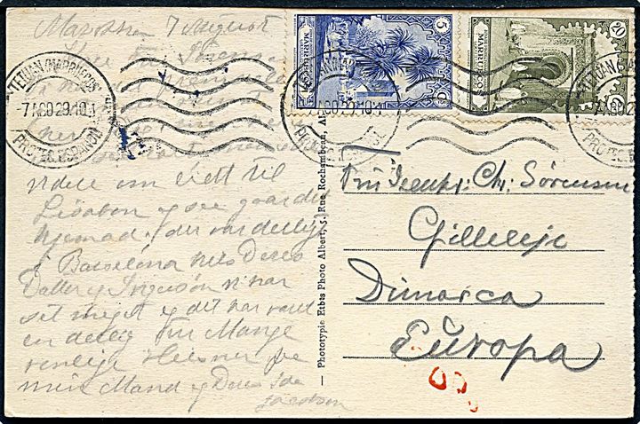 5 cts. og 20 cts. på brevkort stemplet Tetuan (Marruecos) d. 7.8.1929 til Gilleleje, Danmark.