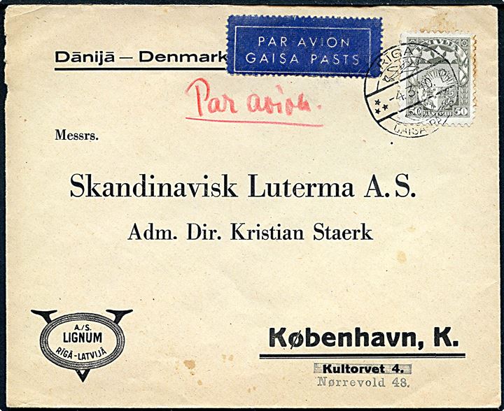 50 s. Våben single på luftpostbrev annulleret Riga Gaisa Pasts d. 4.3.1940 til København, Danmark. Uden tegn på censur.
