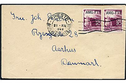 Zone A. 20 l. AMG-FTT i parstykke på brev fra Trieste d. 21.12.1949 til Aarhus, Danmark.