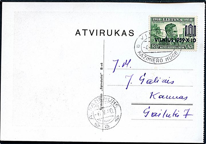 30 c. Vilnius 1939-X-10 provisorium på brevkort fra Vilnius d. 4.5.1940 til Kaunas.