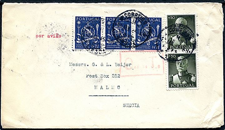$0,50 (par) og 1$75 (3) på luftpostbrev fra Lissabon d. 10.1.1946 til Malmö, Sverige. Rød luftpost stempel O.A.T. (Onward Air Transmission) fra London.
