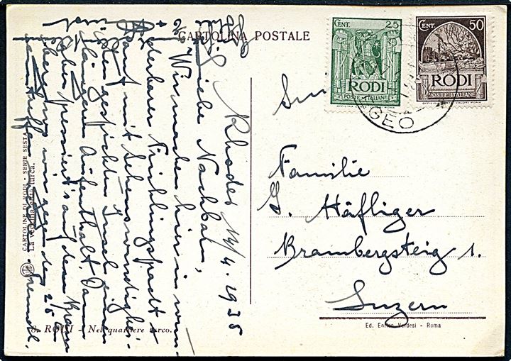 Rodi. 25 c. og 50 c. på brevkort stemplet Rodi Egeo d. 17.4.1935 til Luzern, Schweiz.