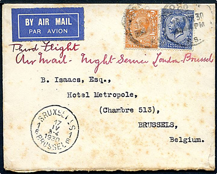 2d og2½d George V på luftpostbrev fra London d. 16.4.1930 til Bruxelles, Belgien. Påskrevet: Third Flight Air Mail - Night Service London-Brussels. Ank.stemplet i Bruxelles d. 17.4.1930.