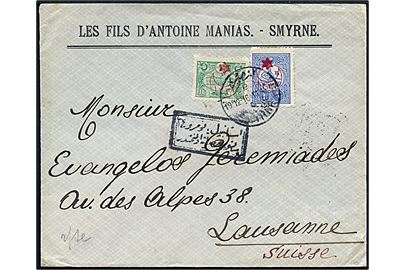10 pa. og 1 pi. Provisorium på brev fra Smyrna d. 19.12.1916 til Lausanne, Schweiz.  Åbnet af tyrkisk censur.