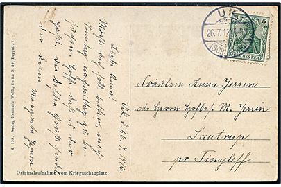 5 pfg. Germania på brevkort annulelret Uk (Schleswig) d. 26.7.1916 til Lautrup pr. Tingleff.