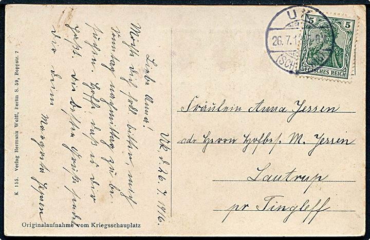5 pfg. Germania på brevkort annulleret Uk (Schleswig) d. 26.7.1916 til Lautrup pr. Tingleff.