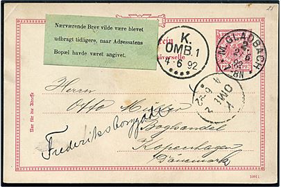 10 pfg. helsagsbrevkort fra M. Gladbach d. 2.6.1892 til København, Danmark. Påsat grøn etiket Nærværende Brev vilde være blevet udbragt tidligere, naar Adressatens Bopæl havde været angivet.