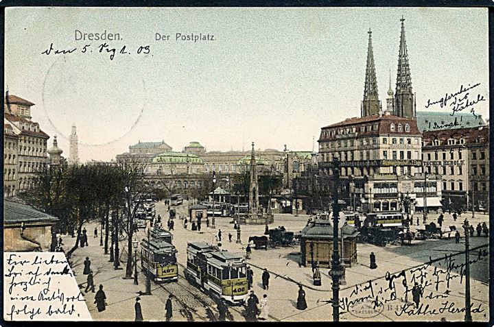 Dresden med Sporvogn stoppested. Mange sporvogne ses. Wilhelm Hoffmann no. B 411. 