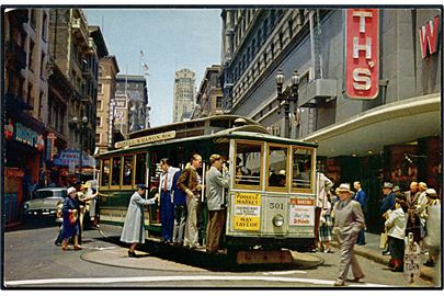 San Francisco. Powell and Market Street is the famous corner, where the cable car turns around on a turntable. Sporvogn. Smith News Co. u/no. 
