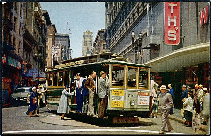 San Francisco. Powell and Market Street is the famous corner, where the cable car turns around on a turntable. Sporvogn. Smith News Co. u/no. 