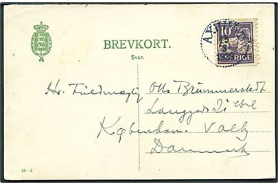 10 øre svardel ad dobbelt helsagsbrevkort (fabr. 86-Z) opfrankeret med svensk 10 öre Løve fra Axhult d. 15.3.1929 til København, Danmark.