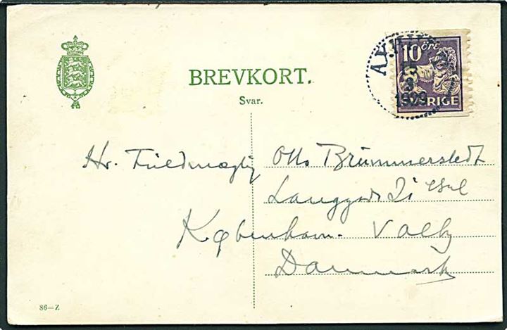 10 øre svardel ad dobbelt helsagsbrevkort (fabr. 86-Z) opfrankeret med svensk 10 öre Løve fra Axhult d. 15.3.1929 til København, Danmark.