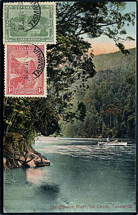 Tasmania, on Gordon River, W. Coast. Frankeret med ½d og 1d stemplet d. 31.1.1911 til Esbjerg, Danmark.