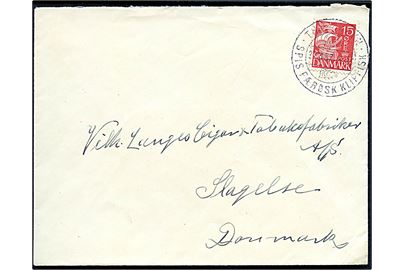 15 øre Karavel på brev annulleret med klipfiskstempel i Thorshavn d. 27.11.1937 til Slagelse.