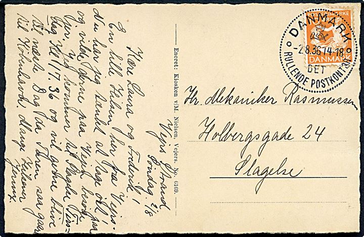 10 øre H.C.Andersen på brevkort (Parti fra Vejers Strand) annulleret med særstempel Danmark * Det Rullende Postkontor * d. 2.8.1936 til Slagelse. Det rullende Postkontor var opstillet ved Vejers Strand d. 2.8.1936 i forbindelse med præsentationsbesøg. Ikke registreret i Skilling.