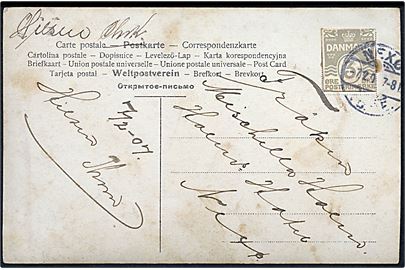 3 øre helsagsafklip brugt som frankering på lokalt brevkort stemplet Nexø JB.P.E. d. 7.2.1907. 