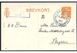 10 øre helsagsbrevkort (fabr. 122) annulleret med særstempel Danmark * Det Rullende Postkontor * d. 11.6.1937 og sidestemplet Rundskuedagen Odense 1937 til Slagelse.