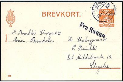 10 øre helsagsbrevkort (fabr. 122) fra Rønne annulleret København d. 29.4.1937 og sidestemplet Fra Rønne til Slagelse.