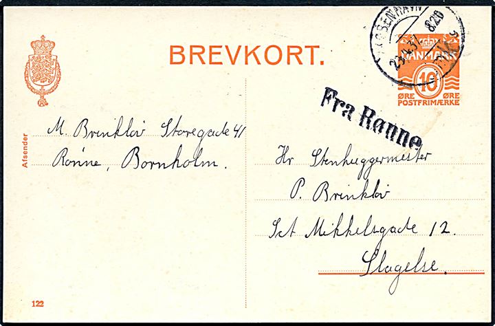 10 øre helsagsbrevkort (fabr. 122) fra Rønne annulleret København d. 29.4.1937 og sidestemplet Fra Rønne til Slagelse.