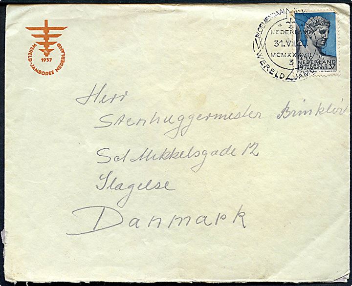 12½ c. Jamboree udg. på fortrykt kuvert annulleret med Bloemendaal Vogelenzang Wereld Jamboree d. 31.7..1937 til Slagelse, Danmark. Uden afsender, men formodentlig fra dansk deltagende spejder.