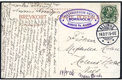 5 øre Chr. IX på brevkort annulleret med stjernestempel SANDVIG og sidestemplet Allinge d. 14.9.1906 til Neksø. Ovalt stempel: Alexandersens Hotel / Bornholm / * Sandvig pr. Allinge.