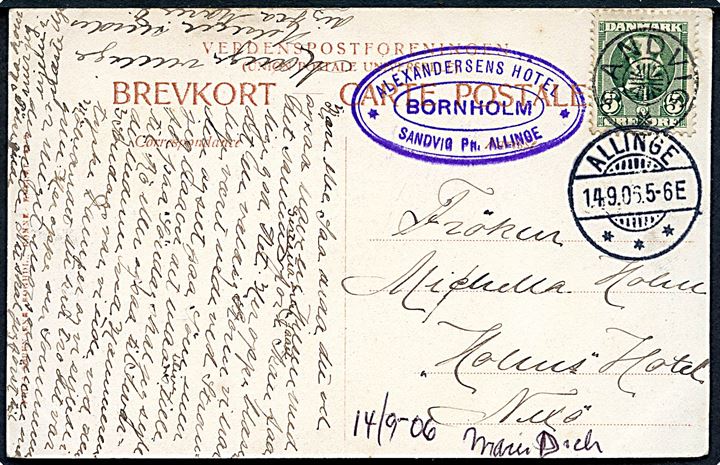 5 øre Chr. IX på brevkort annulleret med stjernestempel SANDVIG og sidestemplet Allinge d. 14.9.1906 til Neksø. Ovalt stempel: Alexandersens Hotel / Bornholm / * Sandvig pr. Allinge.