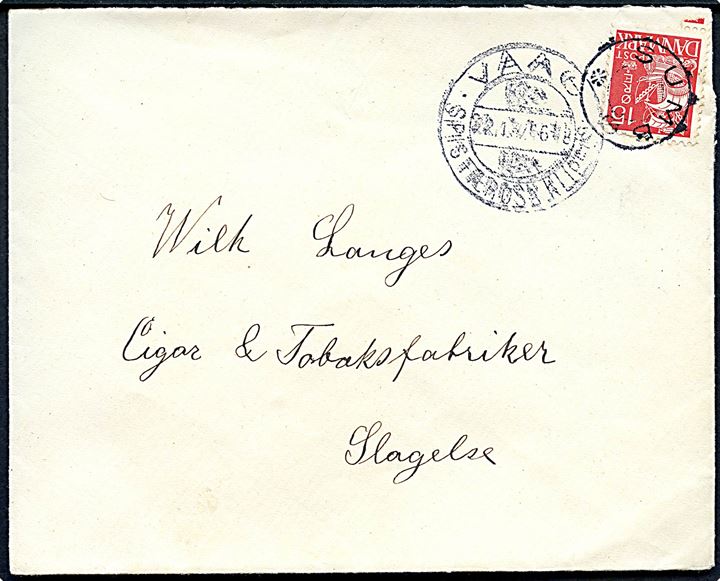 15 øre Karavel på brev annulleret med udslebet stjernestempel SUMBØ og sidestemplet med klipfiskstempel Vaag d. 22.11.1937 til Slagelse.