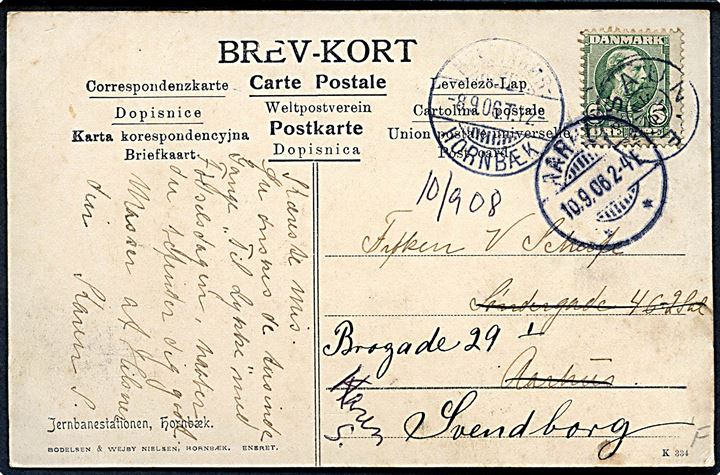 Hornbæk, Jernbanestation. Bodelsen & Wejby Nielsen. Frankeret med 5 øre Chr. IX annulleret med stjernestempel SAUNTE og sidestemplet bureau Helsingør - Hornbæk T. 12 d. 8.9.1906 til Aarhus.