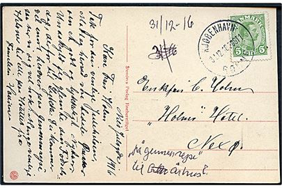 5 øre Chr. X på brevkort fra Kjøbenhavn annulleret med sejlende bureaustempel Kjøbenhavn - Rønne POST 1 d. 31.12.1916 til Neksø, Bornholm.