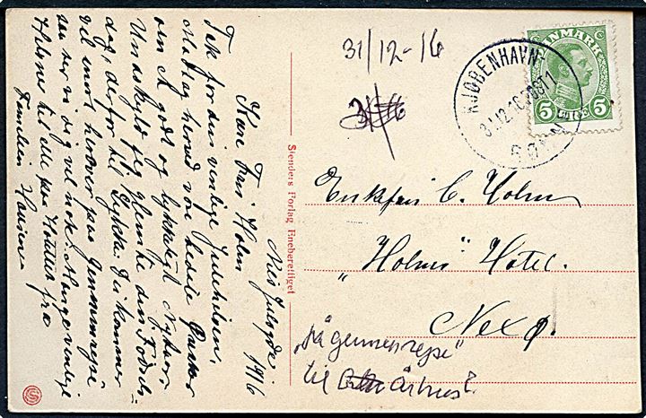 5 øre Chr. X på brevkort fra Kjøbenhavn annulleret med sejlende bureaustempel Kjøbenhavn - Rønne POST 1 d. 31.12.1916 til Neksø, Bornholm.