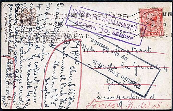 1d George V på brevkort fra Up Holloway d. 15.5.1918 til Geneva, Schweiz. Returneret med rammestempel: Picture Post-cards are Returned by the Censor..