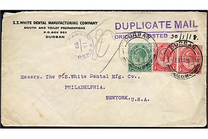 ½d og 1d (2) George V på brev fra Durban d. 1.2.1918 til Philadelphia, USA. Sydafrikansk censur og interessant stempel: DUPLICATE MAIL / Original posted 30/1/18.