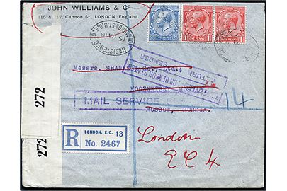 1d (2) og 2d George V på anbefalet brev fra London d. 15.1.1918 til Moskva, Rusland. Åbnet af britisk censur no. 272 og returneret med violet rammestempel Mail Service Suspended. Ank.stemplet i London d. 4.11.1918.