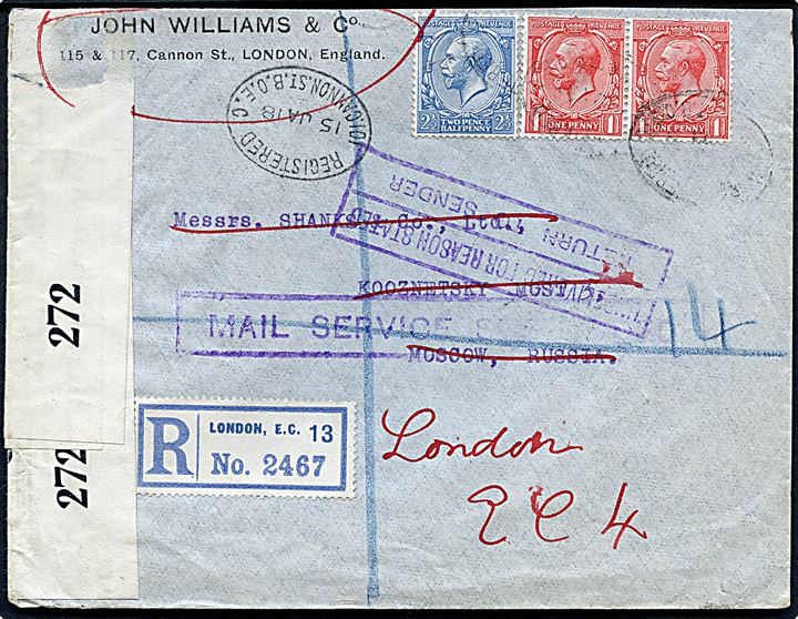1d (2) og 2d George V på anbefalet brev fra London d. 15.1.1918 til Moskva, Rusland. Åbnet af britisk censur no. 272 og returneret med violet rammestempel Mail Service Suspended. Ank.stemplet i London d. 4.11.1918.
