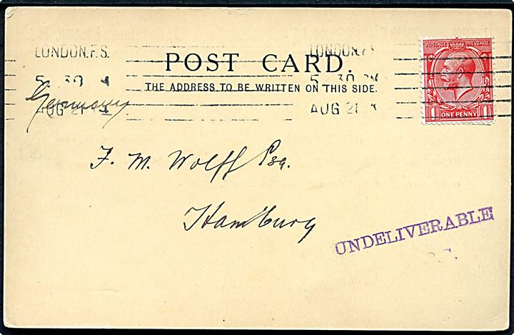1d George V på brevkort fra London d. 21.8.1914 til Hamburg, Tyskland. Returneret med britisk stempel: Undeliverable / L.P.S..
