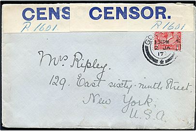 1d George V på brev fra Gosport d. 2.1.1917 til New York, USA. Åbnet af britisk censur og lukket med sjælden banderole OPENED BY CENSOR i blå farve med håndskrevet censor-nr. P.1601.