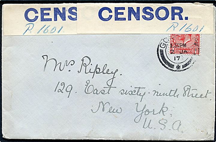 1d George V på brev fra Gosport d. 2.1.1917 til New York, USA. Åbnet af britisk censur og lukket med sjælden banderole OPENED BY CENSOR i blå farve med håndskrevet censor-nr. P.1601.