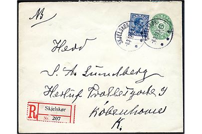 5 øre helsagskuvert opfrankeret med 20 øre Chr. X sendt anbefalet og annulleret med brotype IIIb Skjelskør d. 6.3.1919 til København.