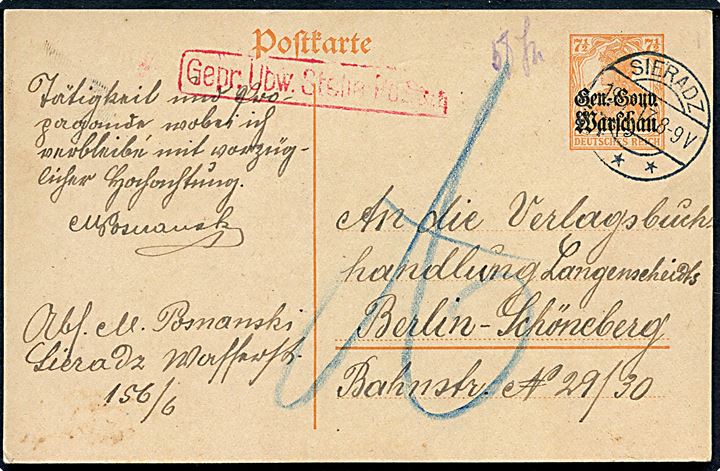 Gen. Gouv. Warschau. 7½ pfg. provisorisk helsagsbrevkort stemplet Sieradz d. 19.7.1917 til Berlin. Tysk censur fra Posen.