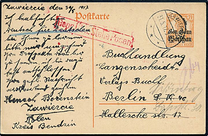 Gen. Gouv. Warschau. 7½ pfg. provisorisk helsagsbrevkort fra Zawiercie d. 31.5.1917 til Berlin. Tysk censur fra Posen.