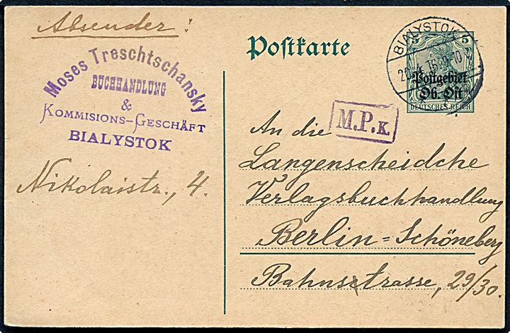 5 pfg. Postgebiet Ob. Ost helsagsbrevkort fra Bialystok d. 20.4.1916 til Berlin, Tyskland. Tysk censur M.P.K. fra Königsberg.