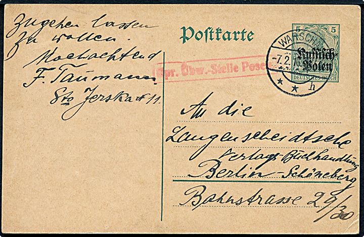 5 pfg. Germania Russisch-Polen helsagsbrevkort fra Warschau d. 7.2.1916 til Berlin, Tyskland. Tysk censur fra Posen.