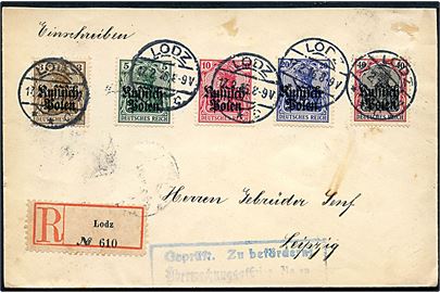 3 pfg., 5 pfg., 10 pfg., 20 pfg. og 40 pfg. Russisch-Polen provisorium på anbefalet brev fra Lodz d. 17.2.1916 til Leipzig, Tyskland. Censureret.