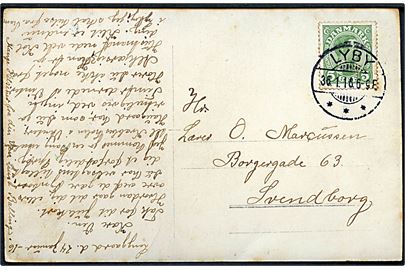 5 øre Chr. X på brevkort (Ejendommen Langgaard) annulleret med brotype Ia Lyby d. 36.2.1916 til Svendborg. Fejlindstillet dato.