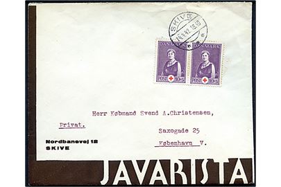 10+5 øre Røde Kors i parstykke på illustreret firmakuvert fra Javarista i Skive d. 14.4.1942 til København. Javarista var en kaffeerstatning fremstillet af kaffefirmaet N. B. Skou i Skive.