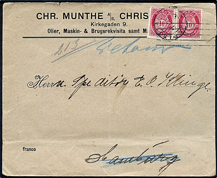 10 øre Posthorn (2) på brev fra Kristiania d. 11.1.1915 til Hamburg, Tyskland. Retur med 2-sproget returetiket Unbekannt. / inconnu.. Et mærke med rift.