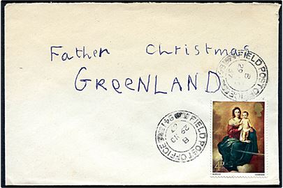 Engelsk 4d Jule udg. på brev annulleret Field Post Office 841 (= BFPO 17, Münster, Tyskland) d. 29.11.1967 til Father Christmas, Greenland. Interessant fra britisk feltpost i Tyskland.
