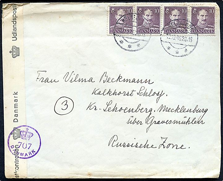 10 øre Chr. X i 4-stribe på brev fra Helsingør d. 12.12.1946 til Kalkhorst Schlosy, Russisk Zone, Tyskland. Åbnet af dansk efterkrigscensur (krone)/707/Danmark.
