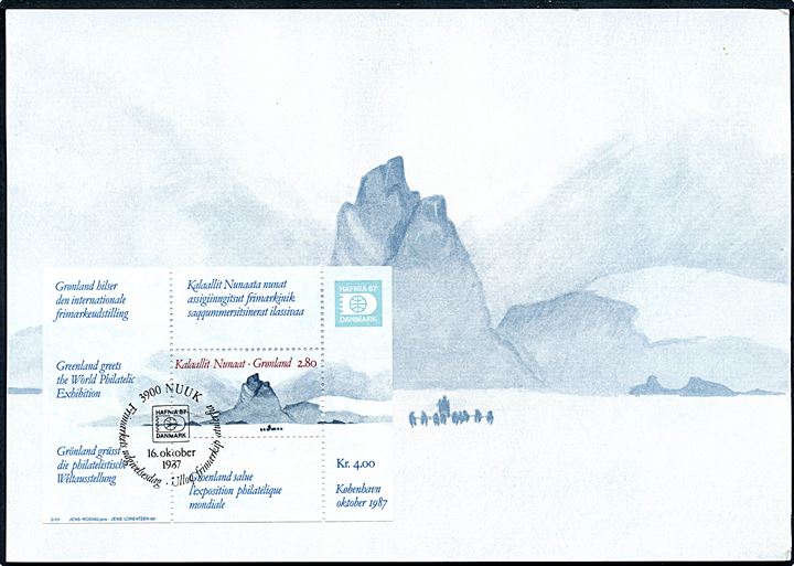 Umanak fjeld. Maxikort med Hafnia blok stemplet Nuuk d. 16.10.1987. Grønlands Postvæsen Nr. 10/87.