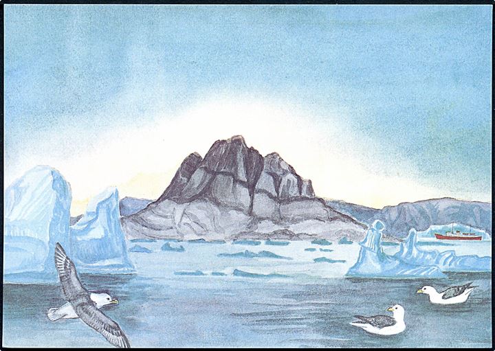 Umanak fjeld med skib i baggrunde. Grønlands Postvæsen no. 6/87.
